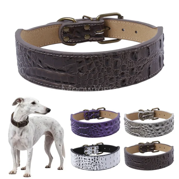 Crocodile Embossed PU Leather Dog Collar Vintage Adjustable Wide Pet Collar for Medium Large Dogs Metal Buckle Pet Neck Collars